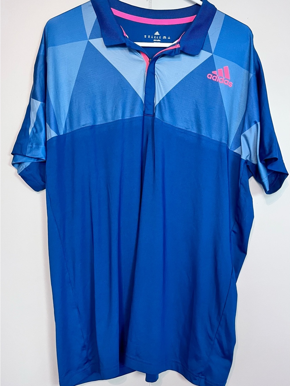 Adidas Climalite Blue Pink Geometric Polo Shirt XL Athletic Golf Tennis